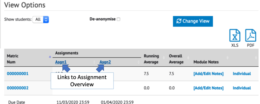 Screenshot of an Example Coursework view with the links to the Assignment overview links indicated with blue arrows.