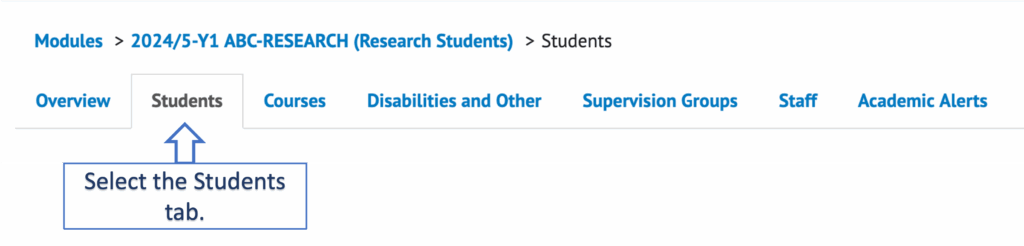 A mock screenshot indicating the PGR Students tab with an arrow.
