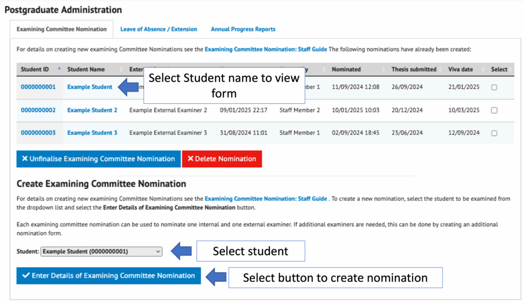 Examining Committee nomination example staff dashboard